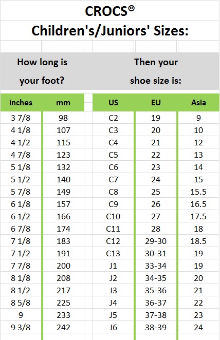 Crocs childrens 2025 size chart